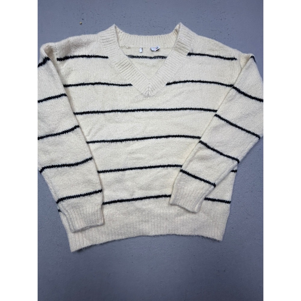 Unbranded V-Neck Sweater Acrylic Nylon Cream Black Striped Small Womens